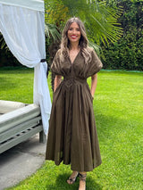 HH Female Summer Elegant Long Dress Solid V-Neck Short Sleeve Bow Lace-Up Single-Breasted Women's Fashion Casual Dress