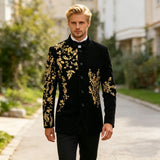 Men's Black Velvet Blazer with Gold Floral Embroidery, Slim Fit Suit Jacket for Wedding, Party, Banquet, Prom