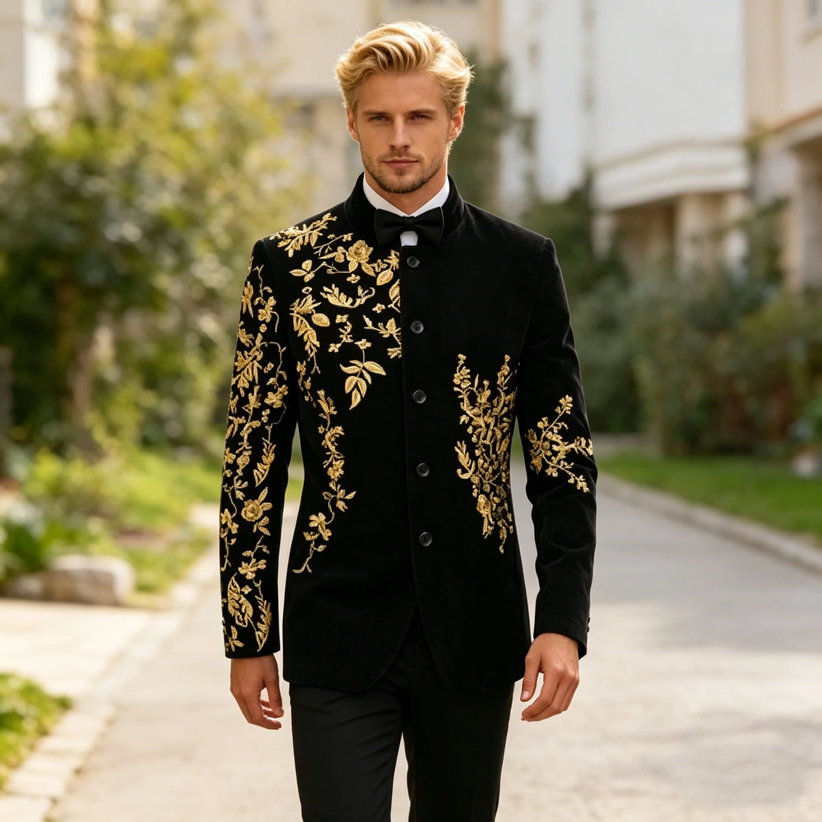 Men's Black Velvet Blazer with Gold Floral Embroidery, Slim Fit Suit Jacket for Wedding, Party, Banquet, Prom