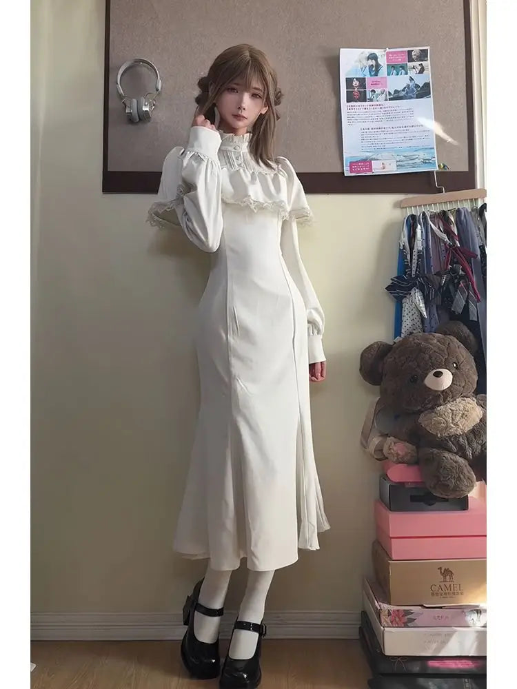 NiceMix Gothic Victorian Cape Lace High Neck Mermaid Dress New Long Dress Elegant Slim Dark Lolita Белое Готическое Платье