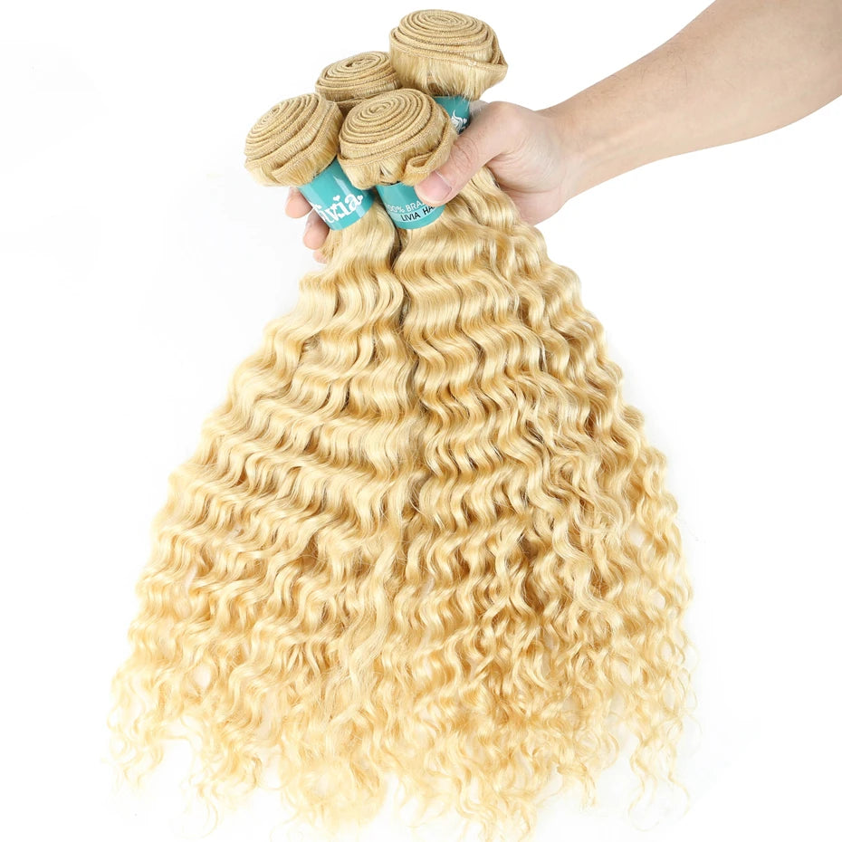 8-32 inch Deep Wave Human Hair Bundles Remy Brazilian Hair 613 Blonde