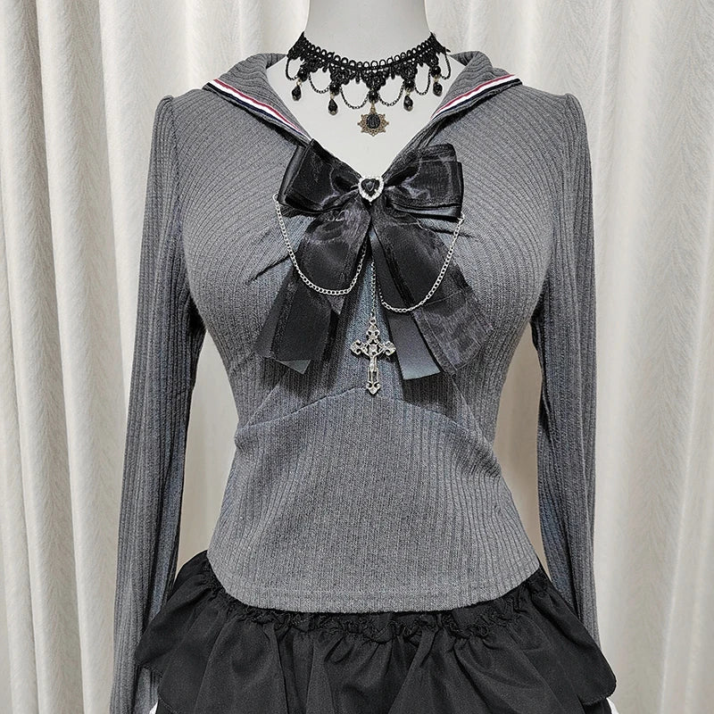 Kawaii Women T-Shirts Jirai Kei Lolita Y2K Cute Japanese Style Blouse Elegant Long Sleeve Sweet Tops Casual Aesthetic Shirt 2025