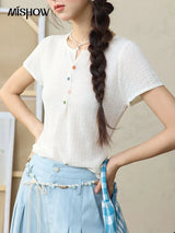 MISHOW Short Sleeved Knitted T-shirt for Women Summer 2025 Twisted Design Dopamine Button Tees Slim Breathable Top MXE34Z1243