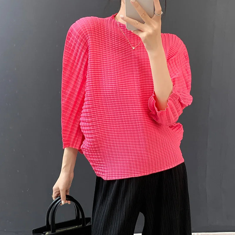 LANMREM Handmade Pleated Stand Collar Pullover Women's T-shirt 2025 Autumn Batwing Three Quarter Sleeve Loose Top New 2DB5251