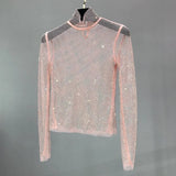 Glittering Mesh Diamond Hollow Out T Shirts Sexy Long-Sleeved Turtleneck Women Hollow Sequined Shirt Party Clubwear Wholesale