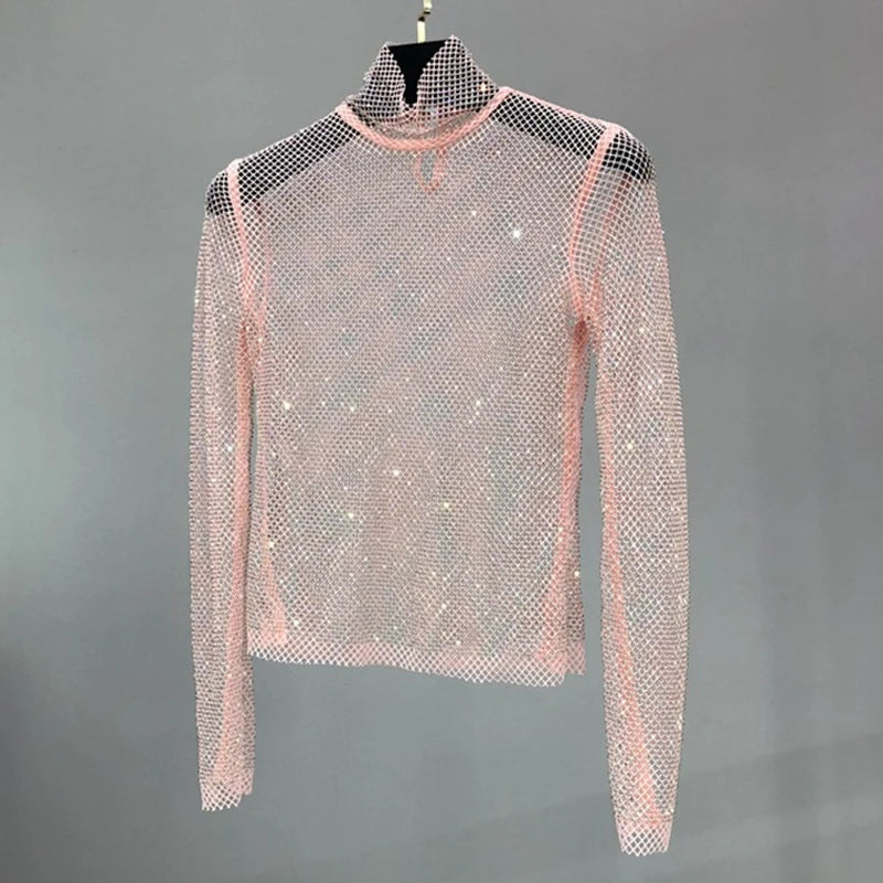 Glittering Mesh Diamond Hollow Out T Shirts Sexy Long-Sleeved Turtleneck Women Hollow Sequined Shirt Party Clubwear Wholesale