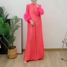 YUDX Luxury Purple Miyake Pleated High Neck Maxi Evening Dress, Ruffle Sleeve Women's Wedding Guest Ramadan Party Dress 2026 New