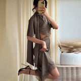 Sophisticated Sexy Mini Dress Satin Lace Trim Cutout Women Scarf Gowns Office Casual Chic Female Refined Stylish Outfits