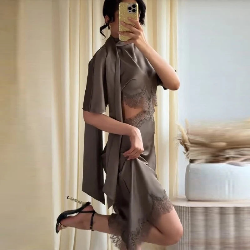 Sophisticated Sexy Mini Dress Satin Lace Trim Cutout Women Scarf Gowns Office Casual Chic Female Refined Stylish Outfits