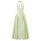 YENKYE Sexy Backless Green Elegant Halter Dress For Women Low Waist A-line Midi Summer Evening Party Dresses Cotton Robe