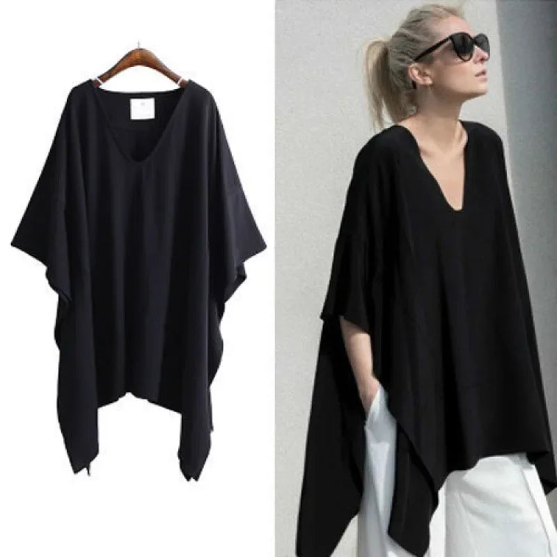 Summer 2025 Fashion Chic V-neck Irregular Black T-shirts Casual Loose Women's Clothing Batwing Sleeve Oversized 5XL Tops Female