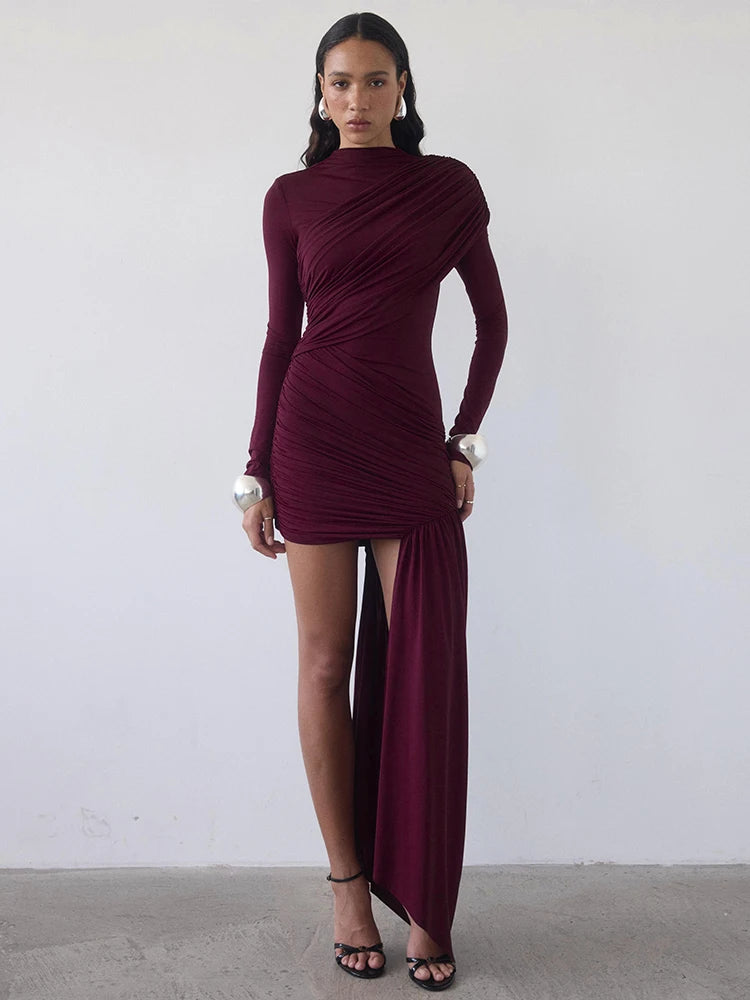 Mozision Irregular Draped Ruched Sexy Mini Dress Women Gown Elegant Turtleneck Long Sleeve High Waist Pleated Club Party Dress