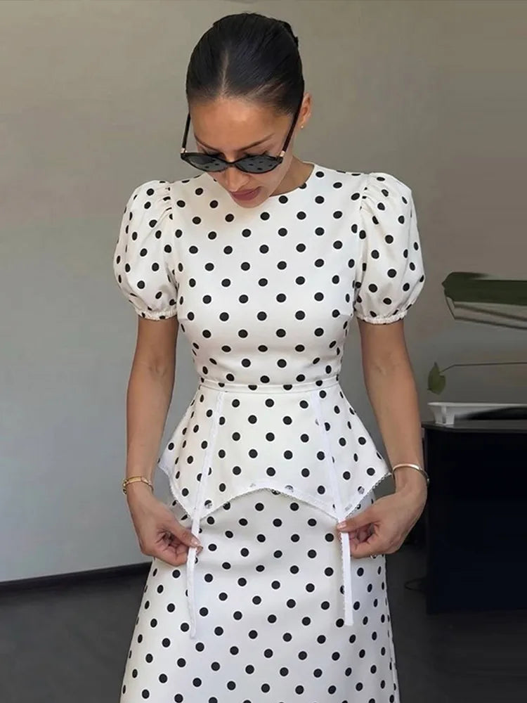 Women Polka Dot Print Puff Sleeve Dress With Waistband Fashion Satin Ruffled Hem Maxi Dresses Lady 2026 Elegant Retro Party Robe
