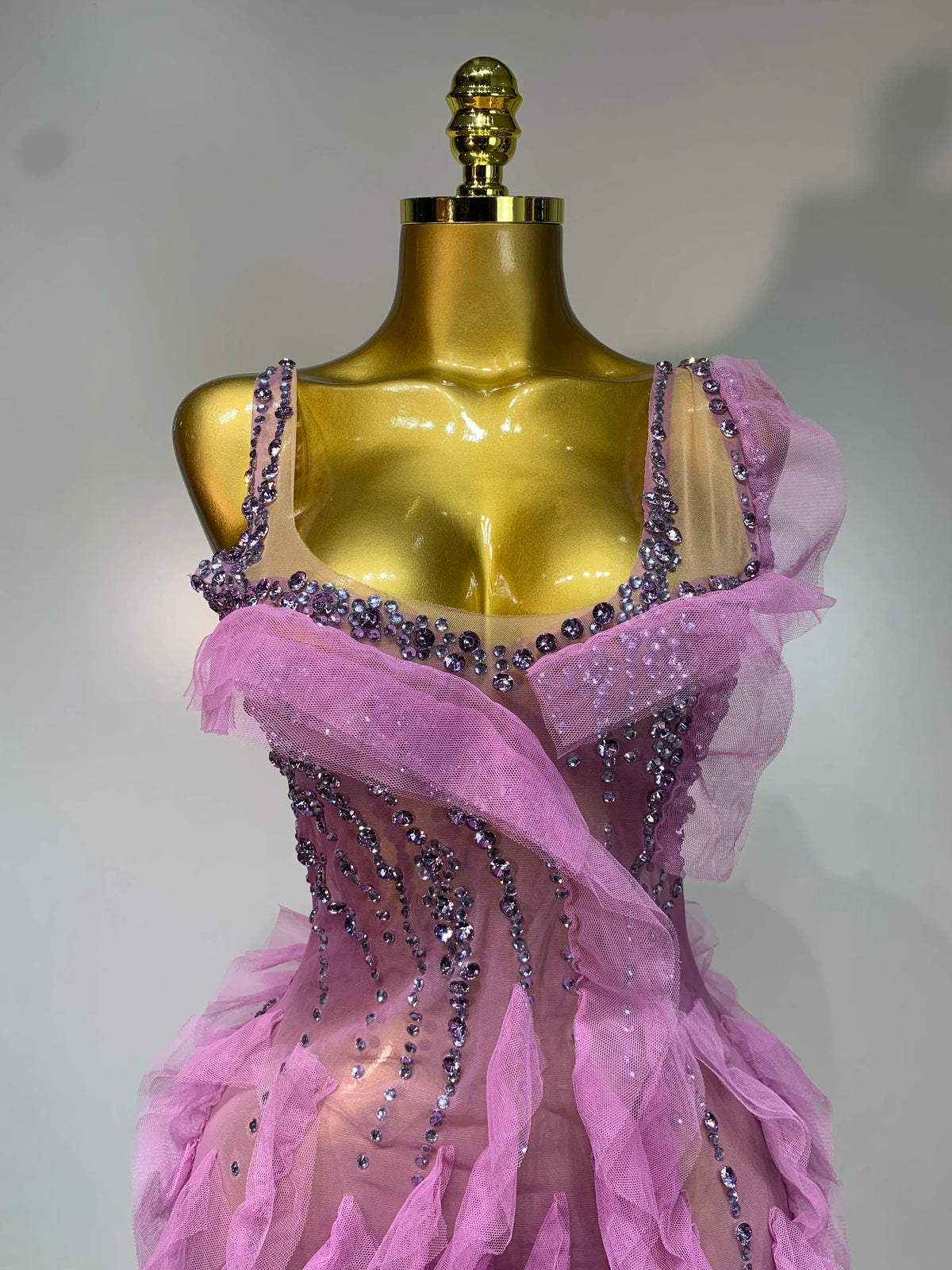 Women Sexy Mesh Ruffle See Through Mini Dress Sparkly Rhinestone Evening Party Prom Gown Nightclub Singer Stage Costume