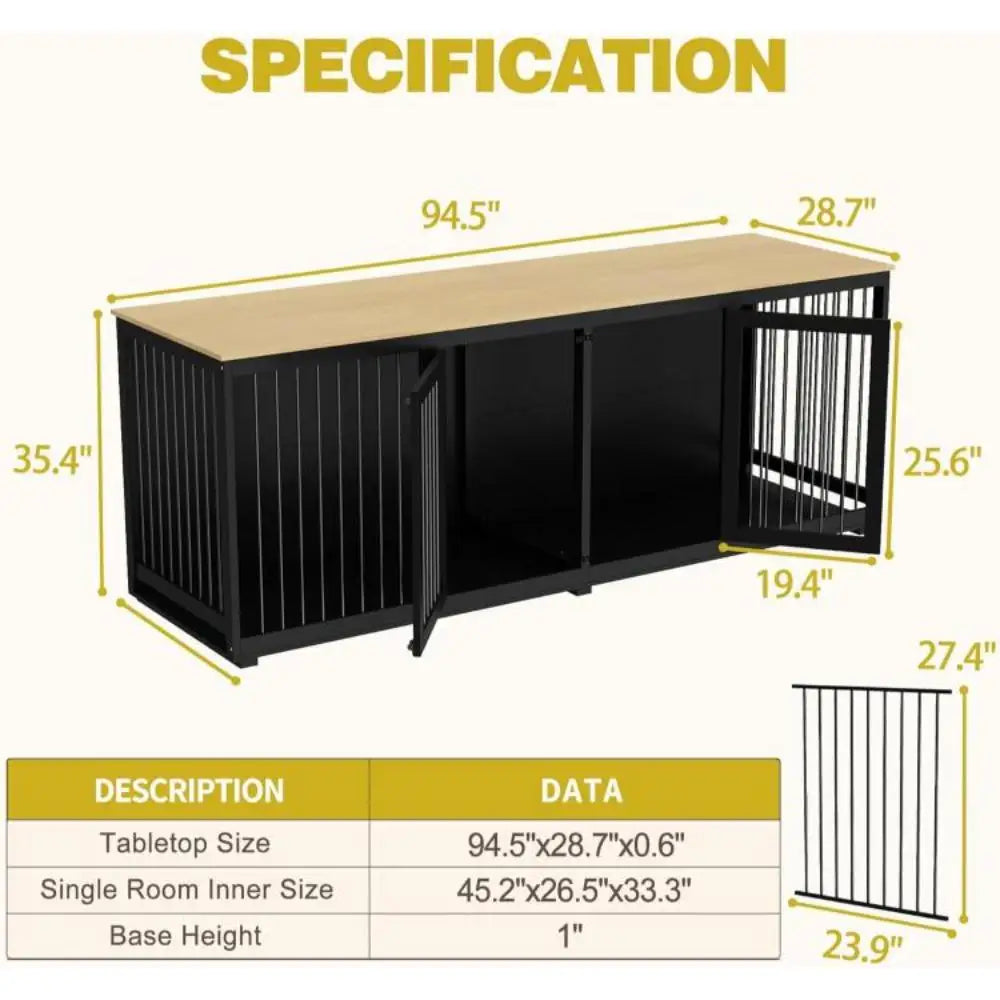 94.5" Extra Large Dog Crate Furniture, Heavy Duty Dog Kennel with a Removable Divider, Indoor Furniture Style Dog Crate House