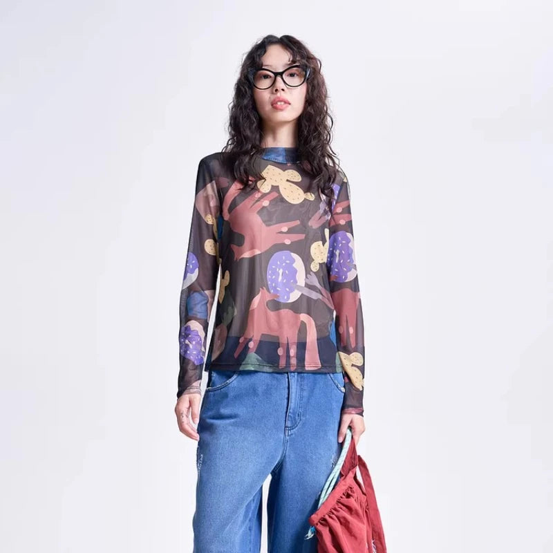 MOVEUP Long-Sleeve T-Shirt 2026 Spring New Stand Collar Printed Lightweight Mesh Base Slim Fit Short Women's Top 3ELC10553