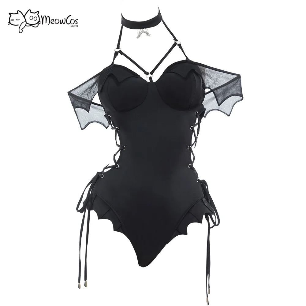 MEOWCOS Women Gothic Swimsuit Black Bat One Piece Swimsuit Dark Bat Style Vintage Bat Design Cross Lace-up Retro Dark Swimwear