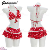 Kawaii Sweet Girls Bikini Set Vintage Polka‑Dot Strawberry Print 2‑Piece Swimsuit Cosplay Beach Bathing Suit For Women