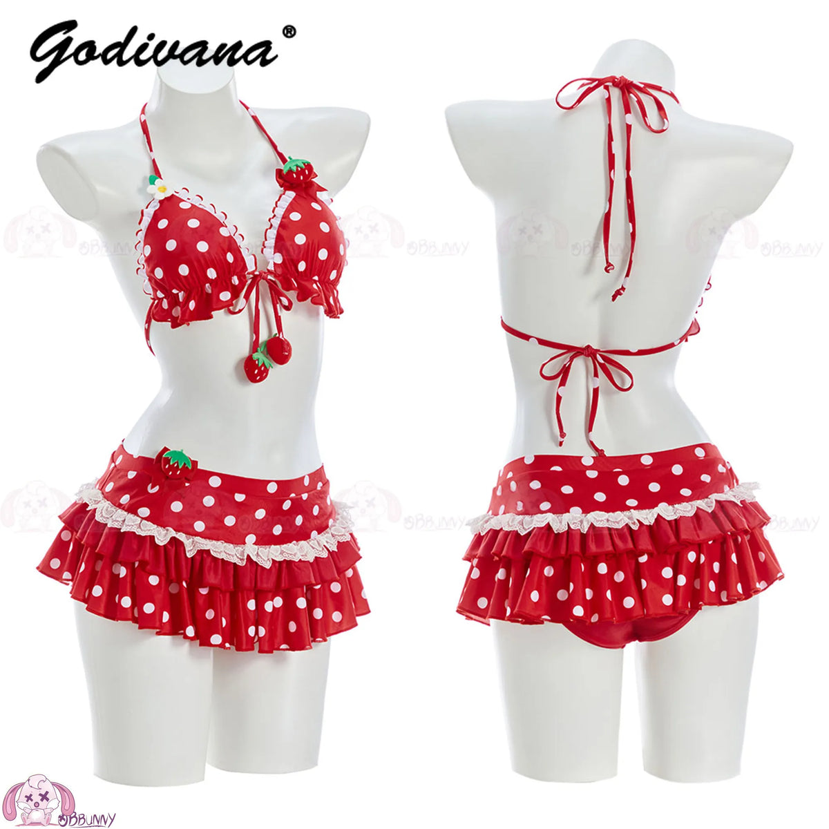 Kawaii Sweet Girls Bikini Set Vintage Polka‑Dot Strawberry Print 2‑Piece Swimsuit Cosplay Beach Bathing Suit For Women