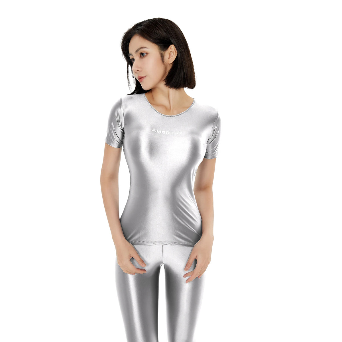 AMORESY Women Shiny Glossy Silky Short Sleeve Tights Tops Oil Round Neck Pullover Sports Running Stretch Fitness T-shirt Outdoor