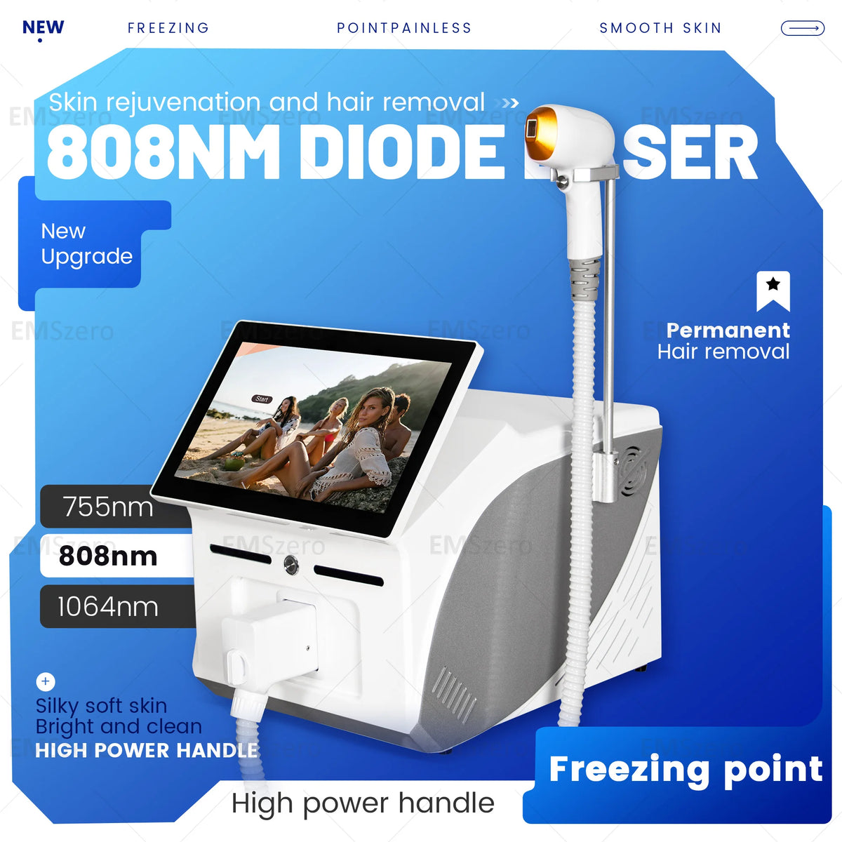 Professional 3-Wave Portable 4500W Soprano Diode Ice Titanium Laser Hair Removal Device 808NM / 755NM / 1064NM for Body