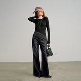 TOYOUTH Women Wool Blend T-Shirts 2026 Spring New Black Slim Fit Striped Asymmetric Hem Blouses