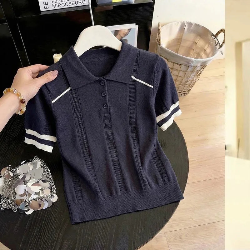 Women's Clothing Cool Silk T-shirt Summer Loose Knit Stripe Short Sleeve Casual Tee Lady Versatile Turn-down Collar Pullover Top