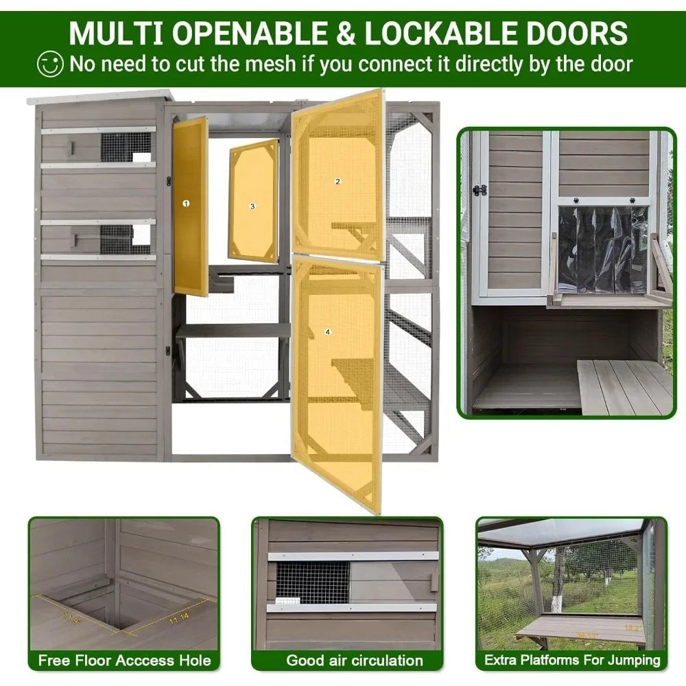 Outdoor catio enclosure, weatherproof, attaches to window, for multiple cats, easy assembly