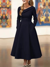 Olive Green Asymmetric Collar Long-Sleeve Midi Dress Elegant A-Line Wedding Guest Gown with Pockets Formal Bridal Event Outfit