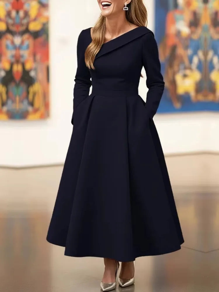 Olive Green Asymmetric Collar Long-Sleeve Midi Dress Elegant A-Line Wedding Guest Gown with Pockets Formal Bridal Event Outfit