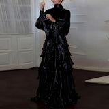 Fashion High Waist Pleat Party Dress Lady Casual High Collar Layered Banquet Dress Elegant Long Sleeve Solid Color Evening Dress
