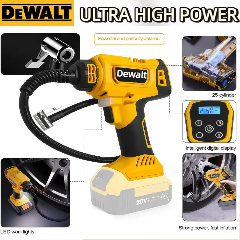 Dewalt Cordless Rechargeable Handheld Electric Air Pump Compressor with Digital Pressure Gauge for Car Tires & Motorcycles