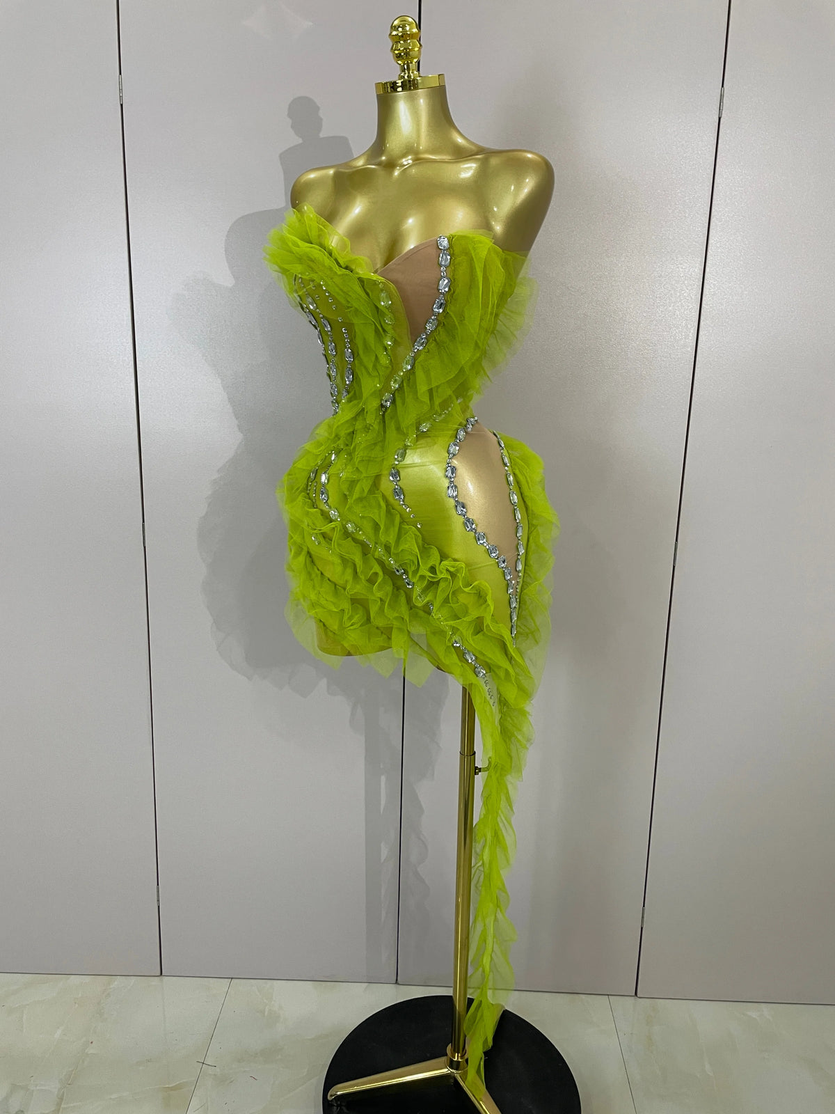 Sexy Celebrate Eveing Birthday Party Nightclub Red Carpet Stage Wear Sparkly Green Diamonds Mesh Asymmetric Bodycon Mini Dress