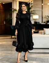 2026 Miyake Light Luxury High-end Round Neck Dress Women's Summer Pleated Ruffle Edge Design Temperament Long Dress