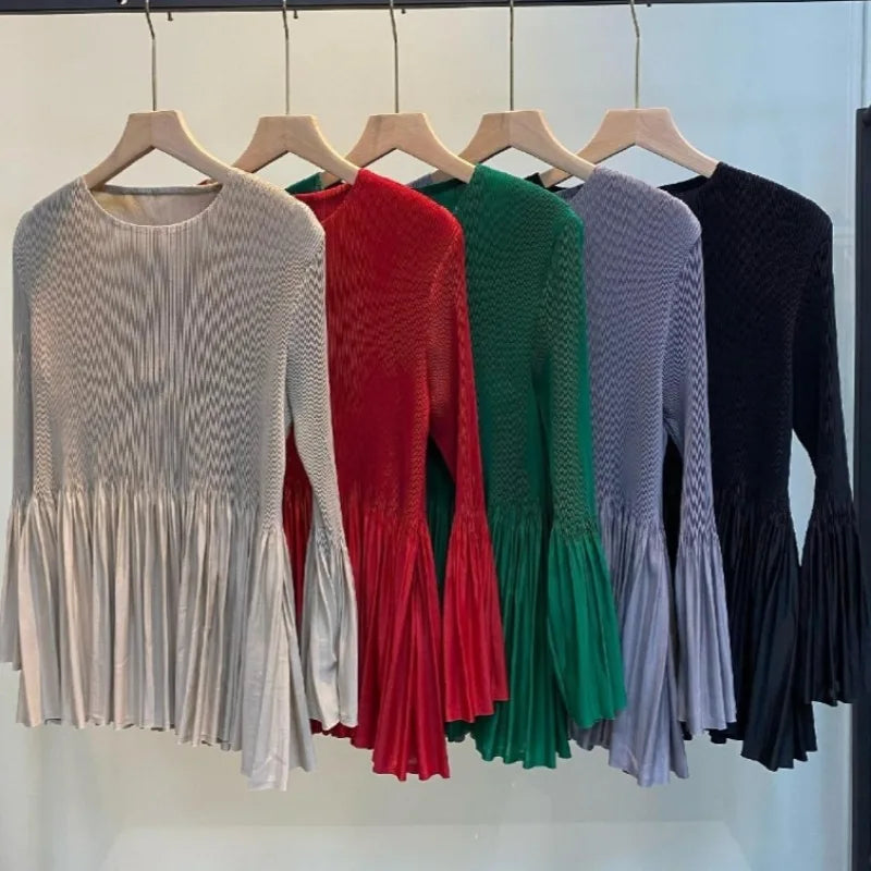 Pleated Long Sleeve T-Shirt Simple Casual Solid Color Versatile Patchwork Stretch Top Women Lightweight Stretch Clothing