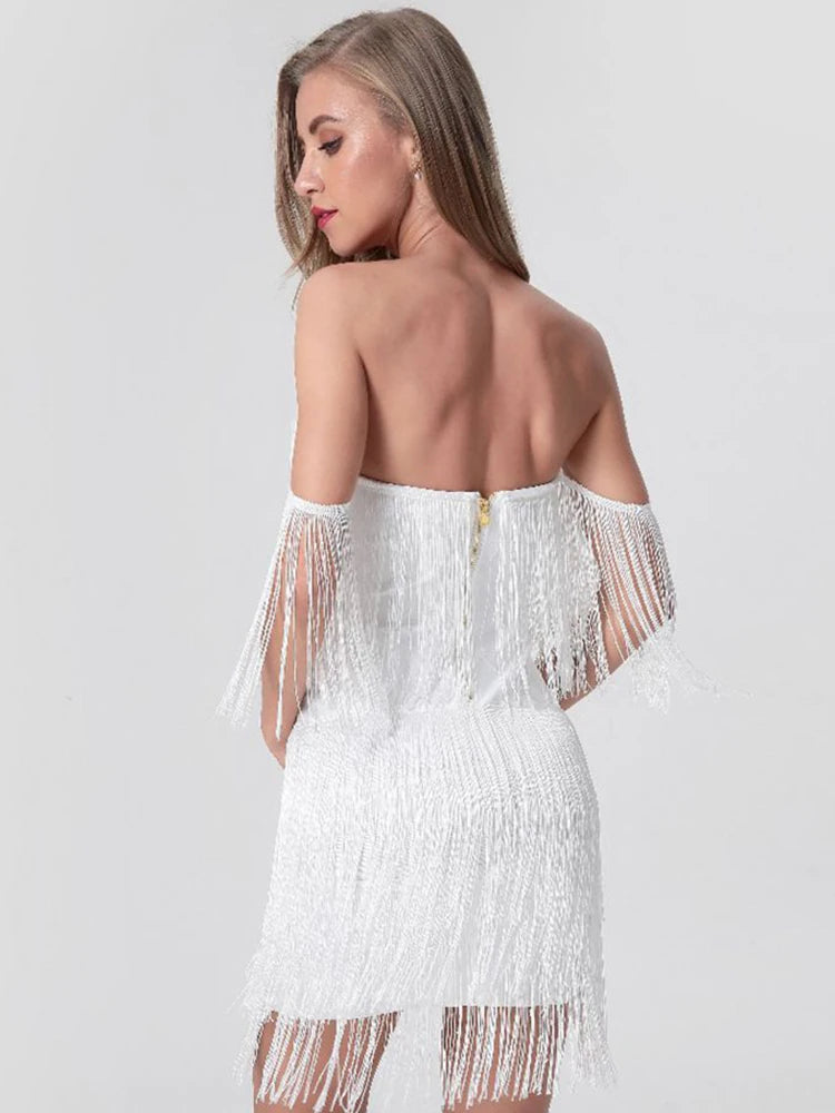 Summer Women Off Shoulder Bandage Dress Sexy Strapless Tassel Night Club Celebrity Evening Party Mini Bodycon Dress Vestido