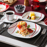 MALACASA Series Felisa 30 Piece Red Stripes Ivory White Porcelain Dinner Set with 6 Piece Cups Saucers Dessert Soup Dinner Plate