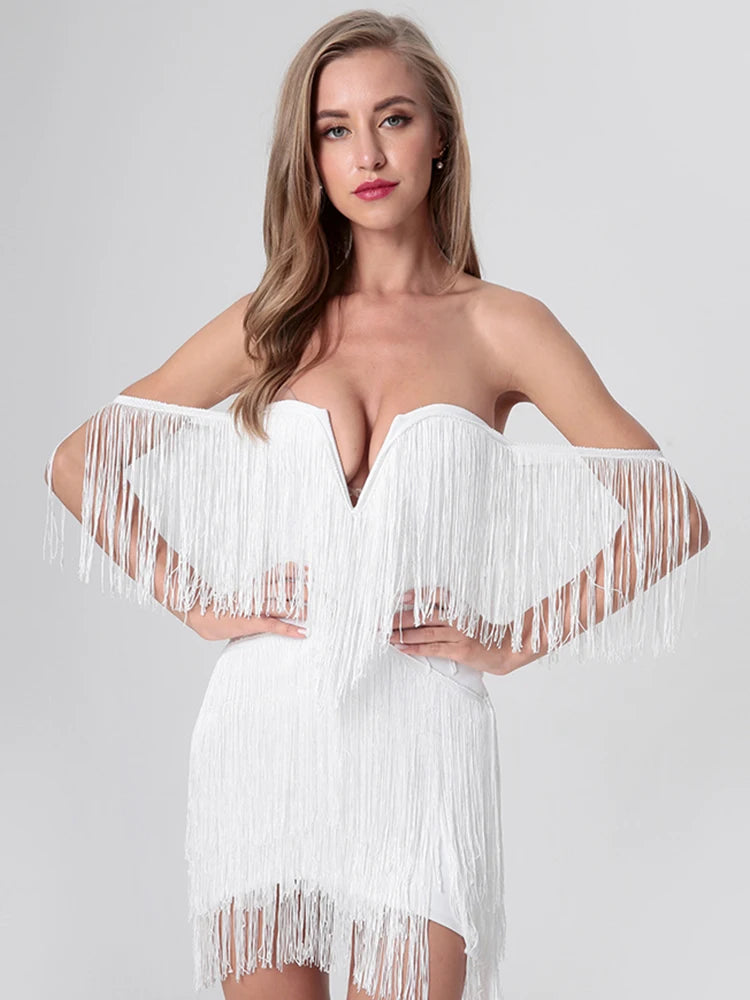 Summer Women Off Shoulder Bandage Dress Sexy Strapless Tassel Night Club Celebrity Evening Party Mini Bodycon Dress Vestido