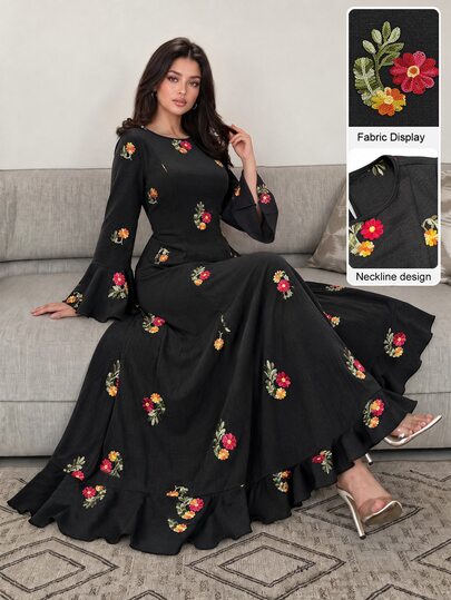 Yasmyna Women Fall Winter Elegant Black Round Neck Colorful Floral Heavy Embroidery Flare Ruffle Long Sleeve Abaya Dress Ruffle Hem For Daily Party