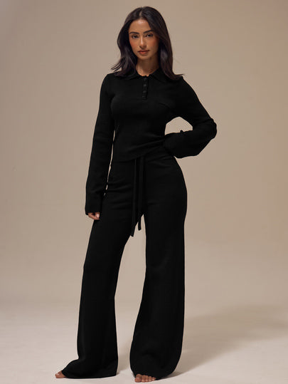 MUSERA ESSENTIALS Marl Grey Self-Tie Drawstring Ribbed Elastic Waistband Wide Leg Full Length Knitwear Trousers Basics Loungewear Casual Everyday Essentials