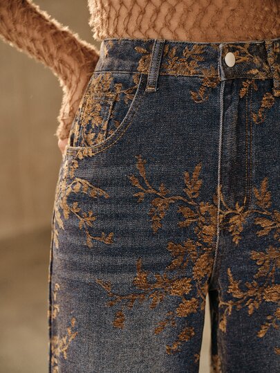 Anewsta Women's New Fashion Special Jacquard Coffee Brown Jeans Straight Leg Pants