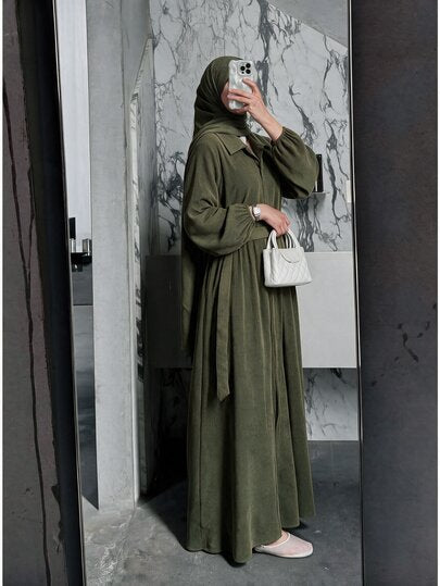 Graceveil Army Green Corduroy Collared Long Robe Dress With Metal Ring Waist Belt, Long Sleeve Muslim Conservative Dress
