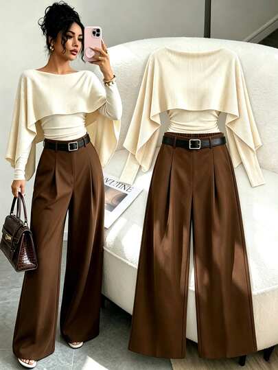 Selianne Knitted Brushed Off-Shoulder Shawl Collar Wide Leg Pants Elegant Women 2 Pieces Set Teachers' Day Business Office Brunch White Shades Of Brown Fall