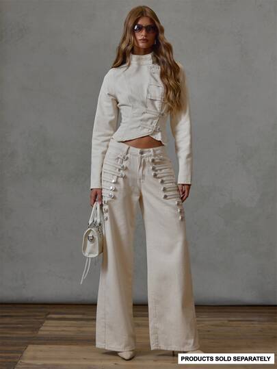 MUSERA Cream Denim Wide Leg Miltary Jeans Fall Winter Everyday Casual Back To School Forces