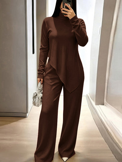 INAWLY Solva Women's Solid Color Long Sleeve Top And Pants Casual Daily 2 Pieces Set