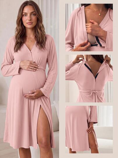 Slowluna Maternity Versatile Nursing Function Long Sleeve Maternity Dress