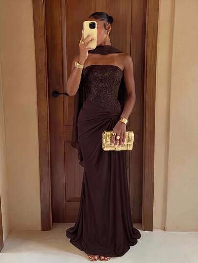 Lumalex Women's Brown Elegant Glossy Jacquard Patchwork Chiffon Strapless Basque Low Waist Fishtail Maxi Dress With Detachable Halter For Wedding Party Fall