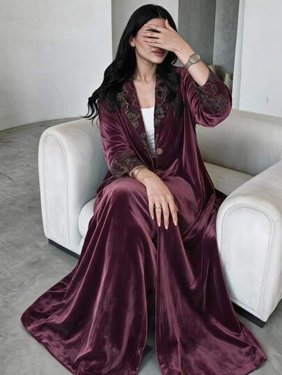 Yasveil Women's Burgundy Knit Flocked Long Sleeve Patchwork Flocked Straight Leg Elegant Commute Abaya